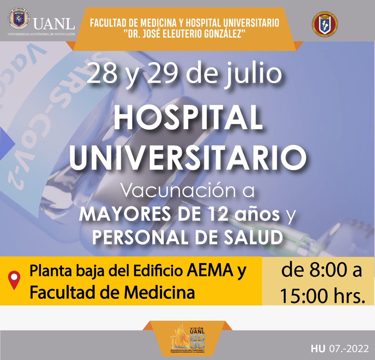 28 y 29 de julio, vacunación a mayores de 12 años y personal de salud