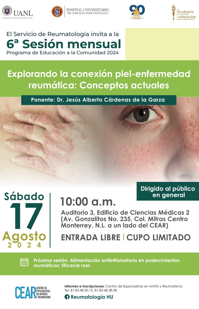6° Sesión mensual de Programa de Educación a la Comunidad 2024 «Explorando la conexión piel-enfermedad reumática: Conceptos Actuales»